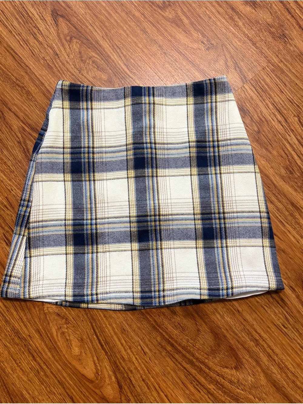 Francesca’s Blue Rain Cream, Navy & Yellow Plaid A-line Mini Skirt - Size Small